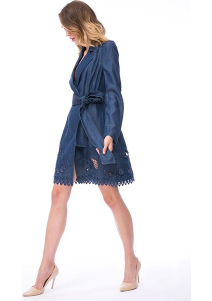 Işlemeli Mavi Denim Mini Ceket Elbise fiyatları