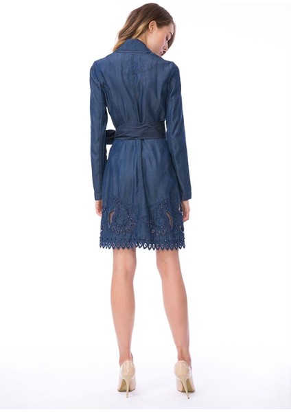 Işlemeli Mavi Denim Mini Ceket Elbise modelleri
