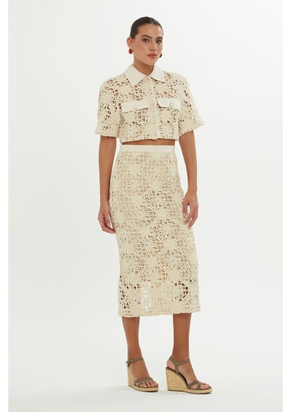 Yırtmaçlı Midi Ekru Kalem Etek fiyatları