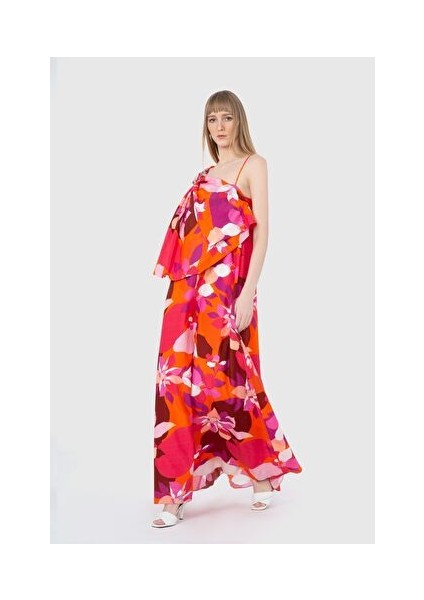 Taş Broş Detaylı Tek Omuz Uzun Turuncu Elbise