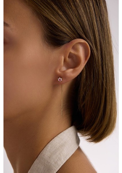 Ruby Taşlı Çiçek Sallantılı Küpe