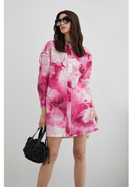 Arkası Uzun Çiçek Desenli Gömlek Elbise