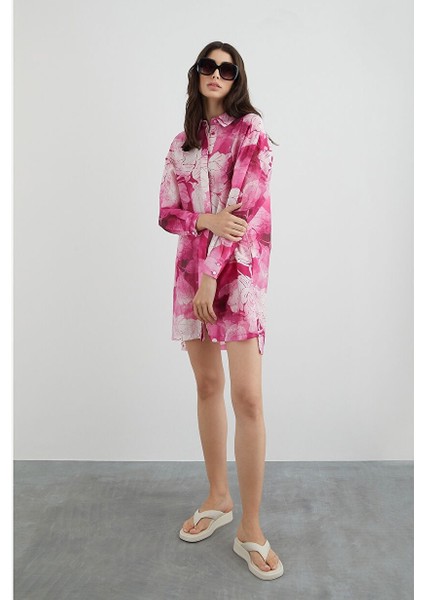 Arkası Uzun Çiçek Desenli Gömlek Elbise modelleri