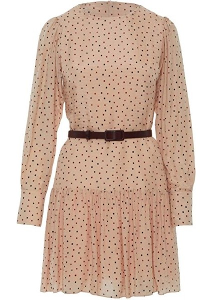 Puantiye Desenli Kemerli Pudra Renk Mini Elbise