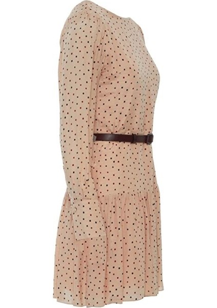 Puantiye Desenli Kemerli Pudra Renk Mini Elbise fiyatları