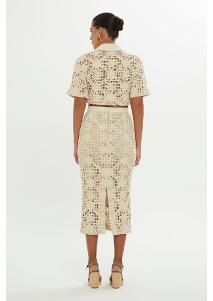 Yırtmaçlı Midi Ekru Kalem Etek indirimleri