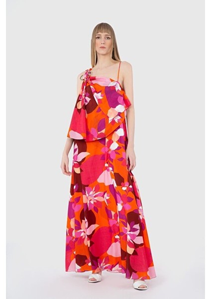 Taş Broş Detaylı Tek Omuz Uzun Turuncu Elbise modelleri