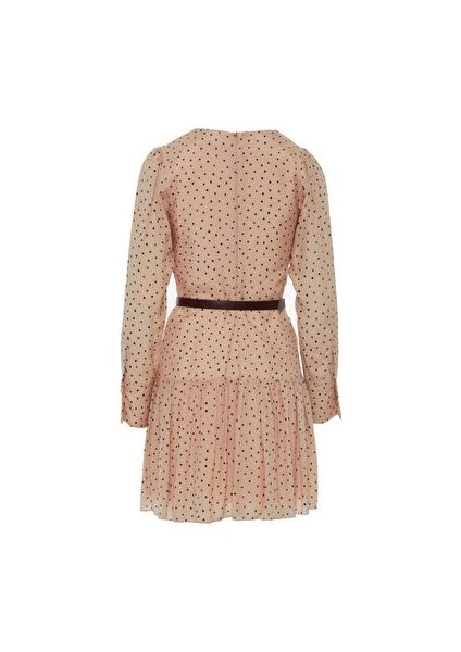 Puantiye Desenli Kemerli Pudra Renk Mini Elbise modelleri