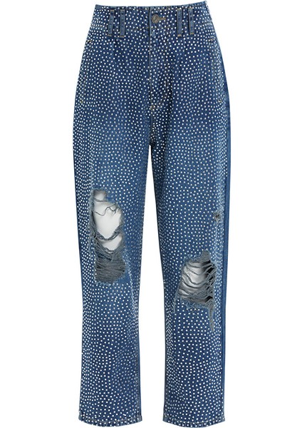Beli Lastikli Eskitme Efektli Jagron Detaylı Mavi Mom Jean