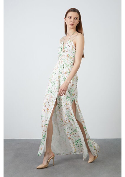 Ip Askılı Uzun Sıfır Kol Ekru Elbise