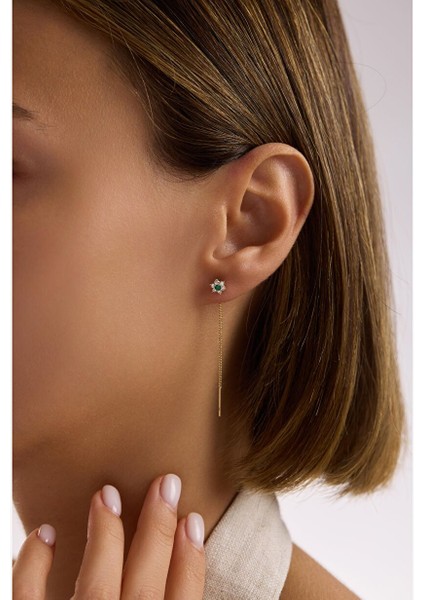 Yeşil Taşlı Çiçek Sallantılı Küpe