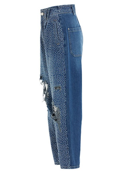 Beli Lastikli Eskitme Efektli Jagron Detaylı Mavi Mom Jean fiyatları