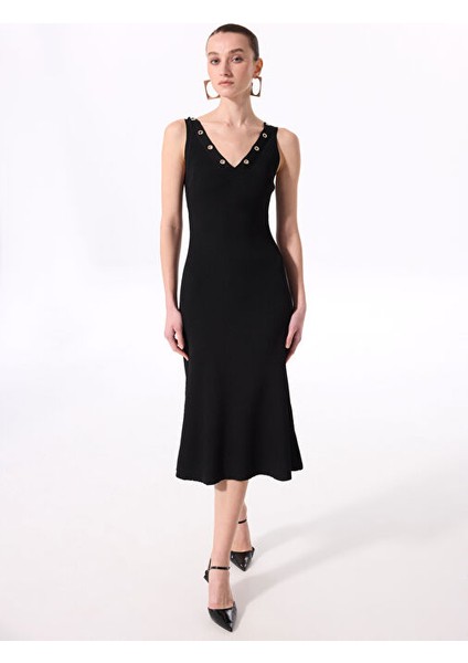 Siyah Kadın V Yaka Maksi Triko Elbise F5SL-ELB0223
