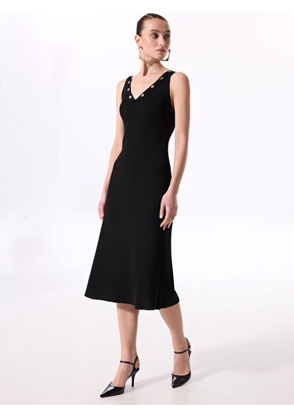 Siyah Kadın V Yaka Maksi Triko Elbise F5SL-ELB0223 fiyatları