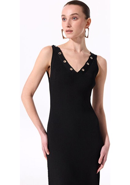Siyah Kadın V Yaka Maksi Triko Elbise F5SL-ELB0223 modelleri