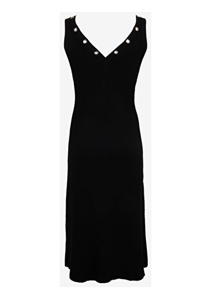 Siyah Kadın V Yaka Maksi Triko Elbise F5SL-ELB0223