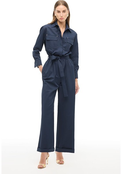 Lacivert Gömlek Yaka Boru Paça Tulum