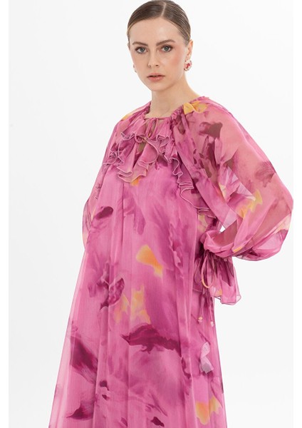 Volanlı Şifon Uzun Pembe Elbise fiyatları