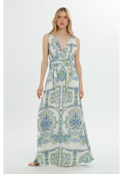 Kuşak Detaylı Desenli Mavi Elbise