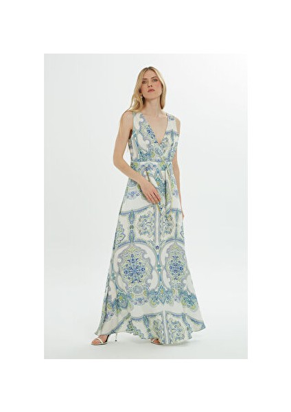Kuşak Detaylı Desenli Mavi Elbise fiyatları