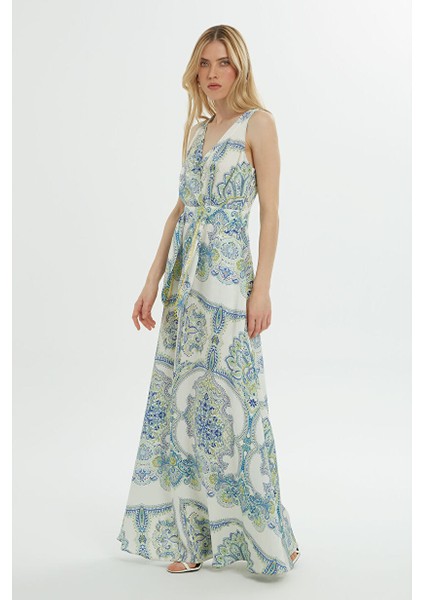 Kuşak Detaylı Desenli Mavi Elbise modelleri