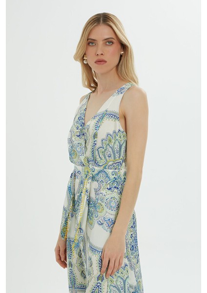 Kuşak Detaylı Desenli Mavi Elbise fırsatları