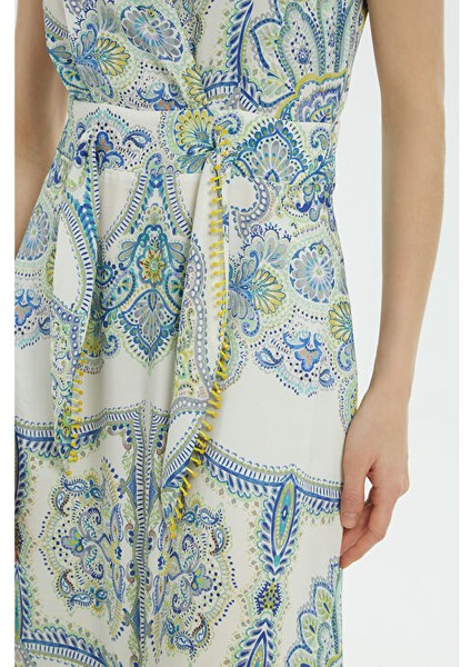 Kuşak Detaylı Desenli Mavi Elbise indirimleri