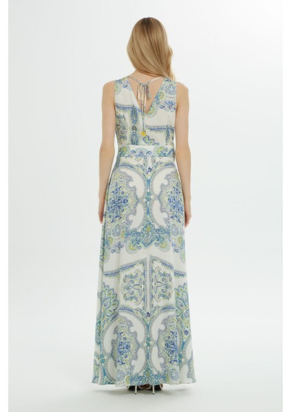 Kuşak Detaylı Desenli Mavi Elbise