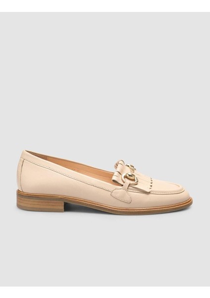 %100 Hakiki Deri Bej Kadın Püsküllü Loafer
