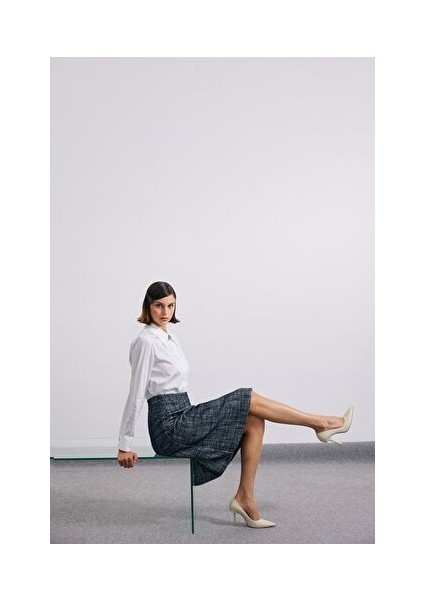 A Pili Kırçıllı Mavi Beyaz Midi Etek