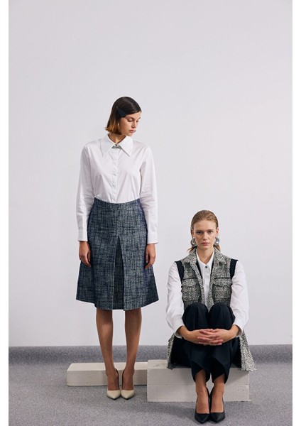 A Pili Kırçıllı Mavi Beyaz Midi Etek fiyatları