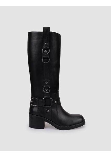 %100 Hakiki Deri Siyah Toka Detaylı Kadın Çizme