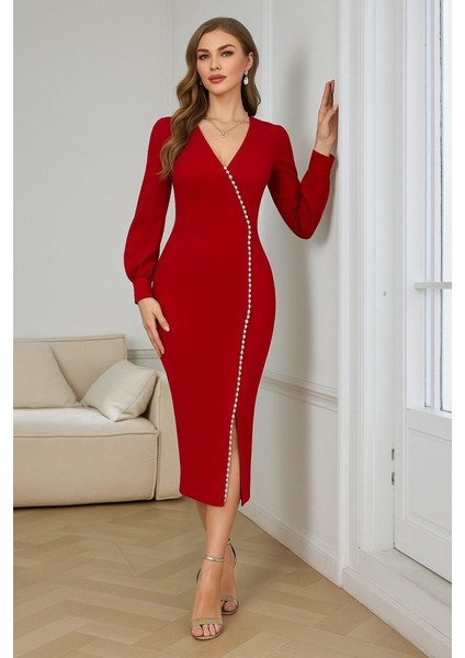 Kadın Uzun Kollu V Yakalı Yırtmaçlı Taşlı Uzun Ithal Krep Elbise fiyatları
