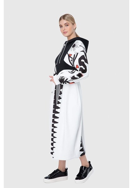 Yelek Esprili Kapuşonlu Beyaz Midi Scuba Elbise fiyatları