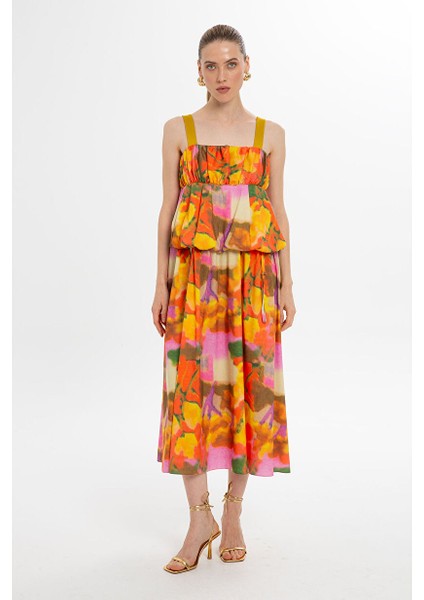 Kalın Askılı Renkli Uzun Balon Elbise