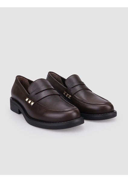 %100 Hakiki Deri Kahverengi Zımba Detaylı Kadın Loafer fiyatları