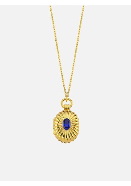 Mini Lacivert Taşlı Kapaklı Madalyon Kolye Gold