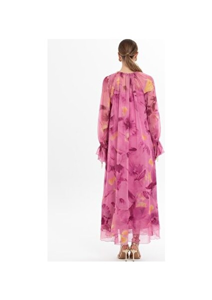 Volanlı Şifon Uzun Pembe Elbise fırsatları