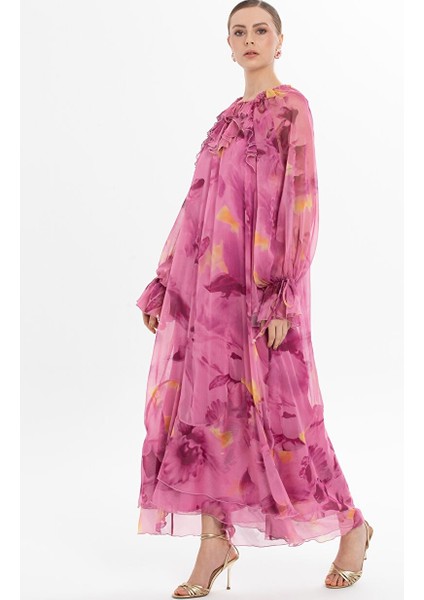 Volanlı Şifon Uzun Pembe Elbise
