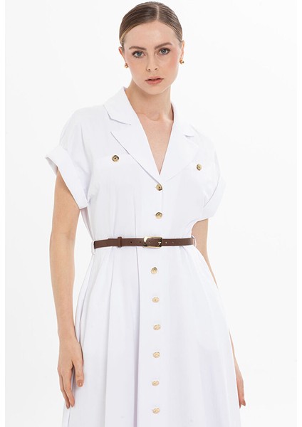 Kemerli Yarım Kollu Uzun Beyaz Elbise fiyatları