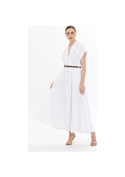 Kemerli Yarım Kollu Uzun Beyaz Elbise modelleri