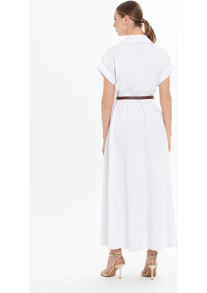 Kemerli Yarım Kollu Uzun Beyaz Elbise fırsatları