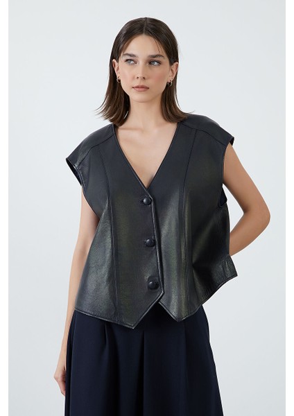 Oversize Lacivert Deri Yelek