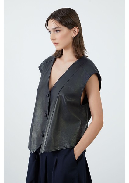 Oversize Lacivert Deri Yelek fiyatları