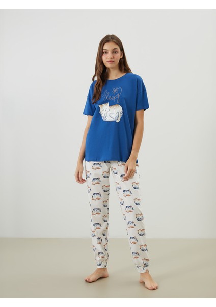 Yeni Sezon Bisiklet Yaka Baskılı Kadın Pijama Takımı