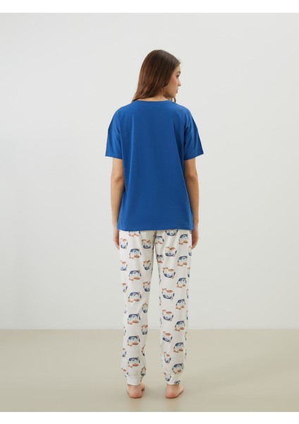 Yeni Sezon Bisiklet Yaka Baskılı Kadın Pijama Takımı indirimleri