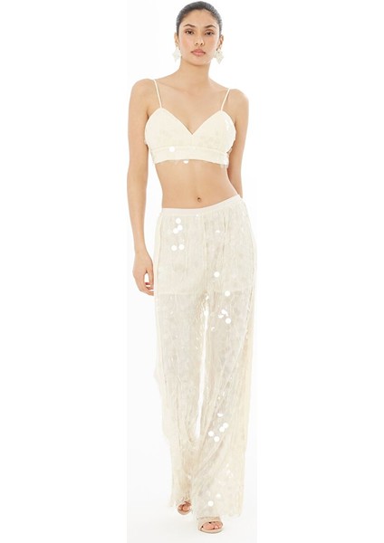 Önden Bağlamalı Payetli Ekru Bluz