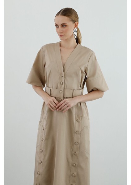 Düğme Detaylı Cepli Midi Kahverengi Elbise fiyatları