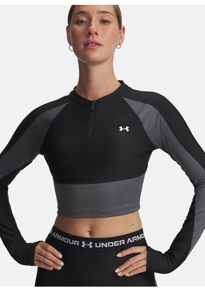 6003981-004-UA Hg Rib 1/4 Zip Siyah Fermuarlı Crop Parçalı Kadın T-Shirt