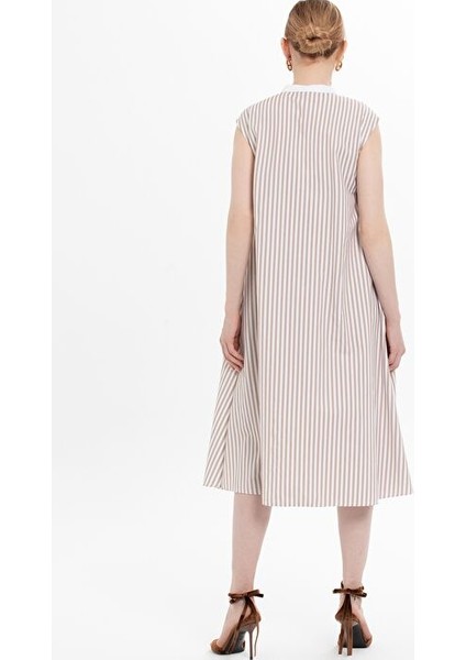 Yaka Detaylı Çizgili Bej Elbise modelleri